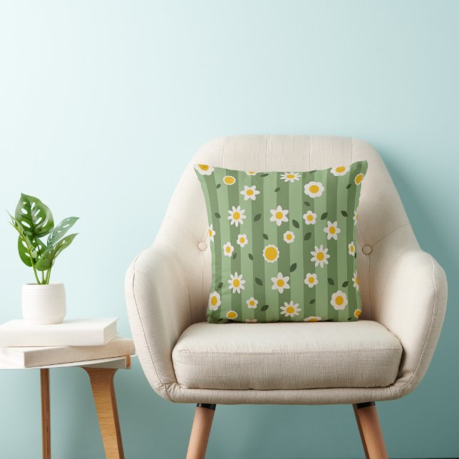 Daisy Green- Flower and Stripes Throw Cushion (Chair)