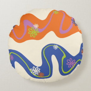 Daisy Groove Blue, Orange, Purple, Green, & Cream Round Pillow
