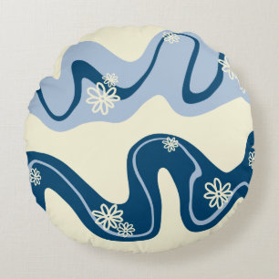 Daisy Groove - Dark Blue, Light Blue and Cream Round Pillow