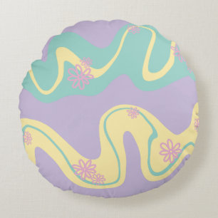 Daisy Groove Pastel Pink, Yellow, Purple & Green Round Pillow