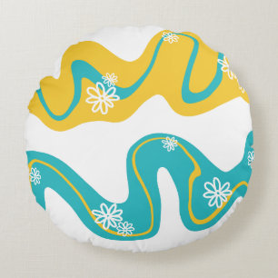 Daisy Groove - Turquoise and Yellow Round Pillow