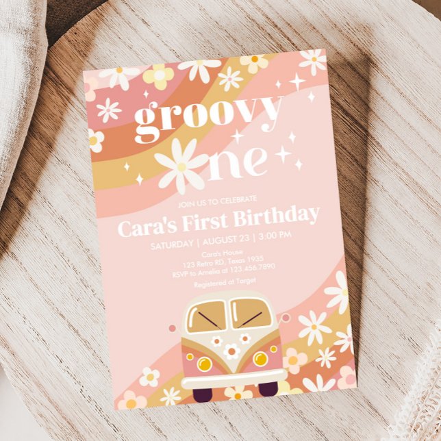Daisy Groovy One Birthday Party Invitation (Groovy Daisy Birthday Party Invitation)