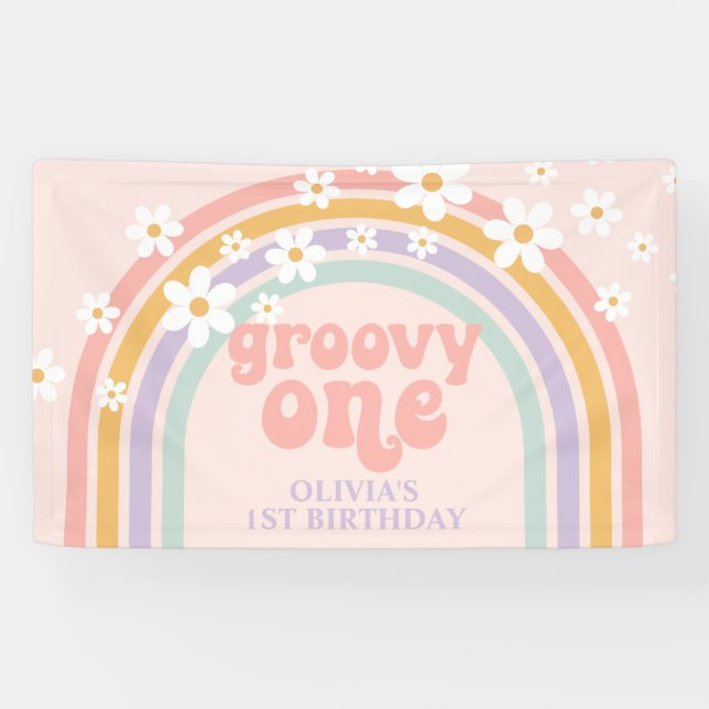 Daisy Groovy One Pastel rainbow first birthday Banner (Horizontal)