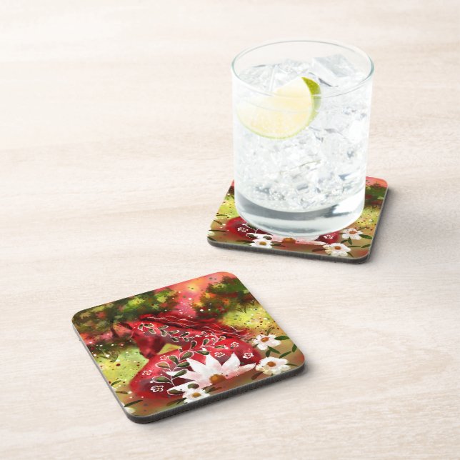 Daisy Horse Abstract Art Red White Green Floral Coaster (Right Side)