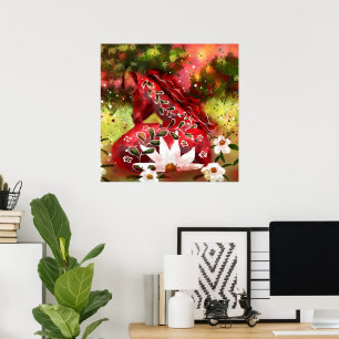 Daisy Horse Abstract Art Red White Green Floral Poster