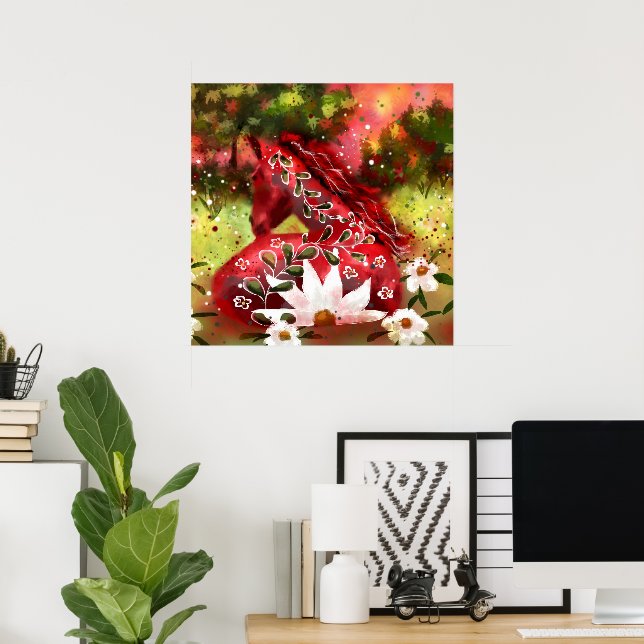 Daisy Horse Abstract Art Red White Green Floral Poster (Home Office)