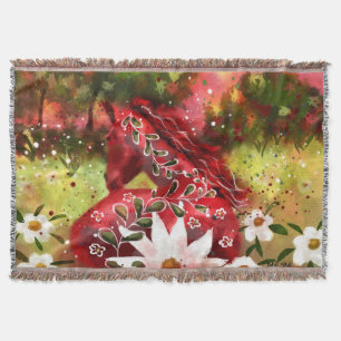 Daisy Horse Abstract Art Red White Green Floral Throw Blanket