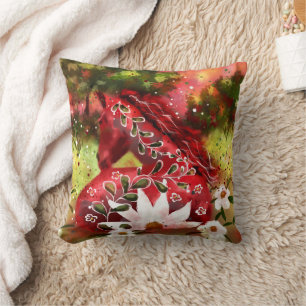 Daisy Horse Abstract Art Red White Green Floral Throw Pillow