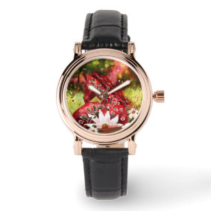 Daisy Horse Abstract Art Red White Green Floral Watch