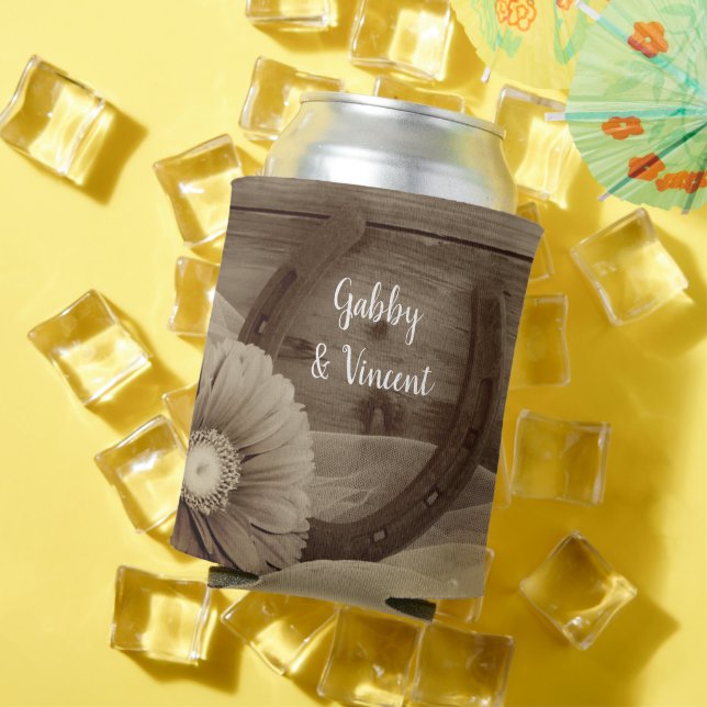 Daisy Horseshoe Western Wedding Save the Date Can Cooler (In Situ Summer)