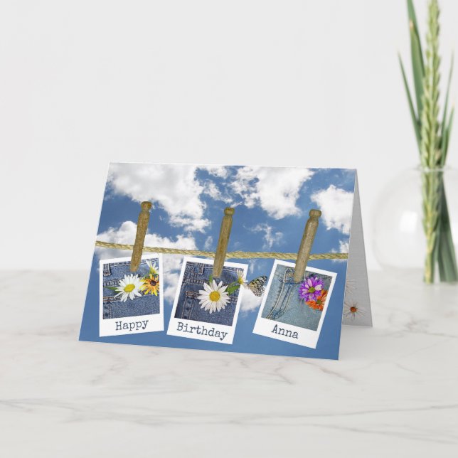 daisy in blue jean pocket on clothesline card (Front)