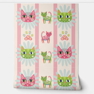 daisy kitty cat faces pink striped wallpaper