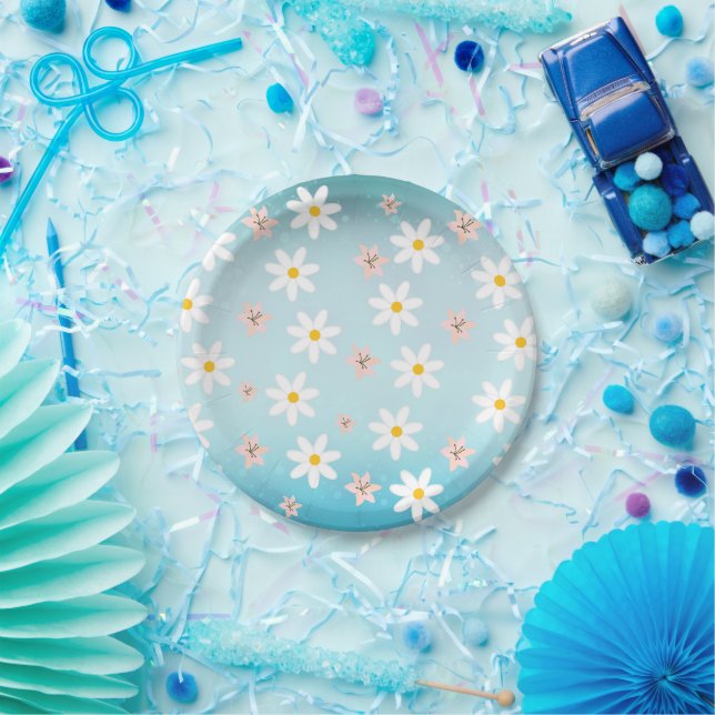 Daisy lily flower Pattern on sea torque Background Paper Plate (Party)