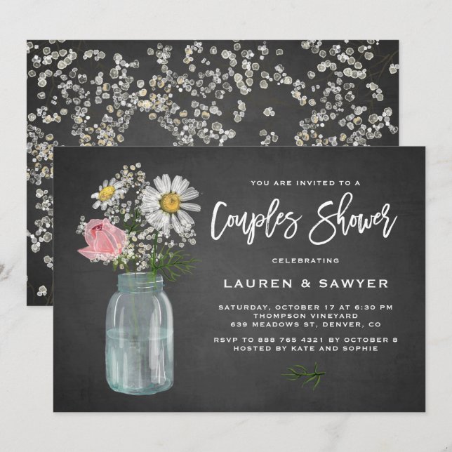 Daisy Mason Jar Chalkboard Rustic Couples Shower Invitation (Front/Back)