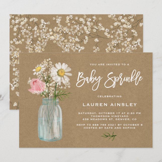 Daisy Mason Jar Kraft Paper Fall Baby Sprinkle Invitation (Front/Back)