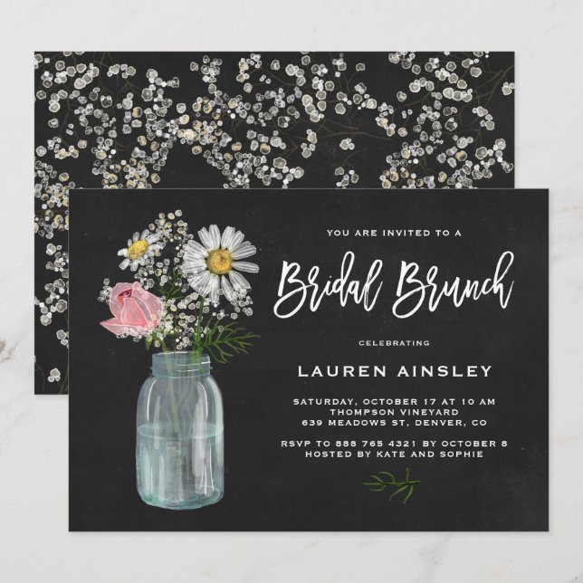 Daisy Mason Jar Rustic Chalkboard Bridal Brunch Invitation (Front/Back)