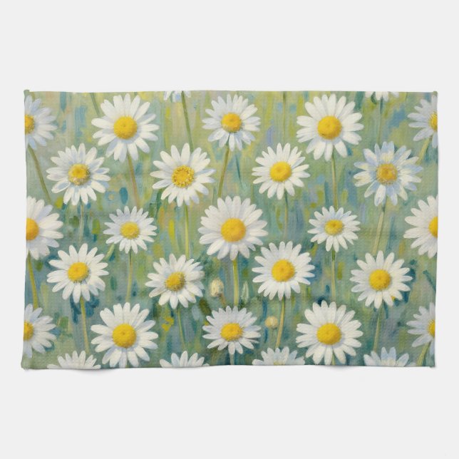 Daisy Meadow Impressionist Floral Pattern Kitchen Towel (Horizontal)