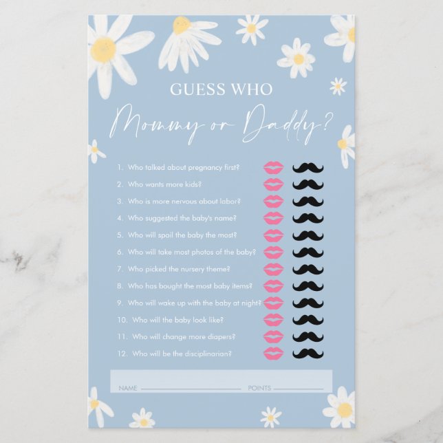 Daisy Mommy or Daddy, Dusty Blue Guest Who Game (Front)