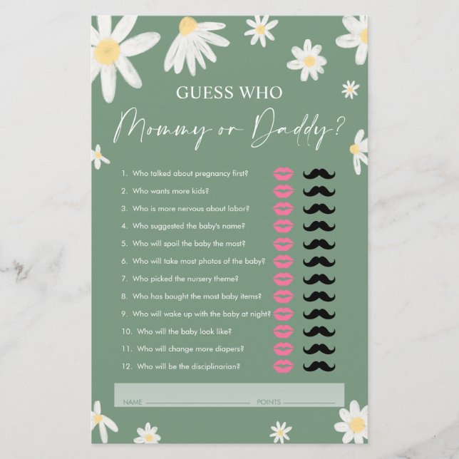 Daisy Mommy or Daddy, Sage Green Guest Who Game (Front)