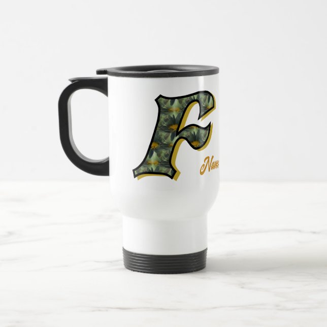 Daisy Monogram Initial F Personalized Travel Mug (Left)