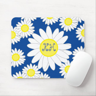 Daisy Monogram Navy Blue White and Yellow Mouse Pad