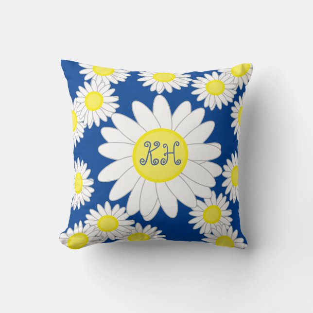 Daisy Monogram Navy Blue White and Yellow Throw Pillow (Front)