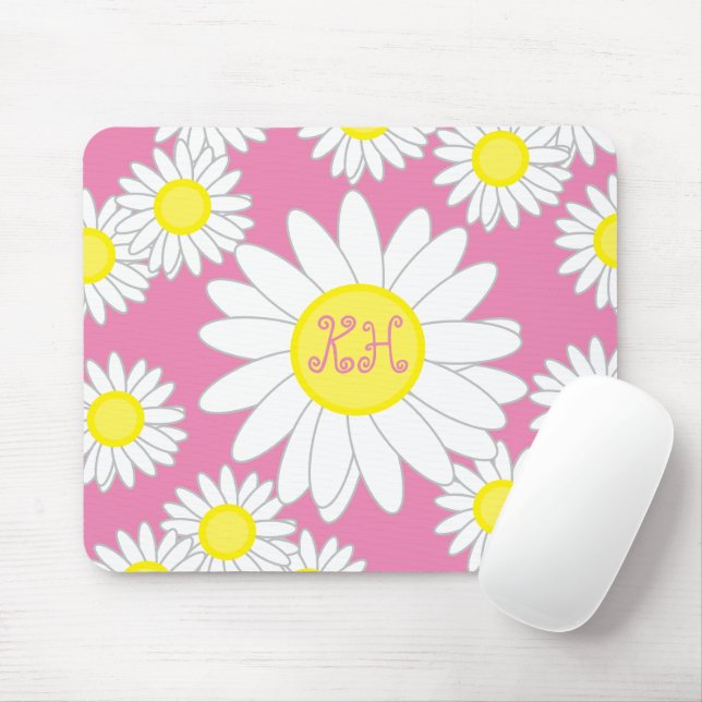 Daisy Monogram Pink White and Yellow Mouse Pad (With Mouse)