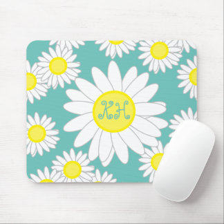 Daisy Monogram Teal Green White and Yellow Mouse Pad
