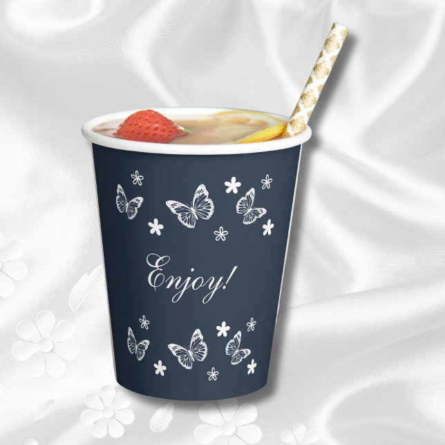 Daisy Navy Blue White Butterfy Bridal Shower Paper Cups (Creator Uploaded)