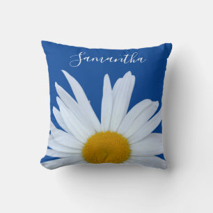 Daisy Ocean Blue White Script Throw Pillow