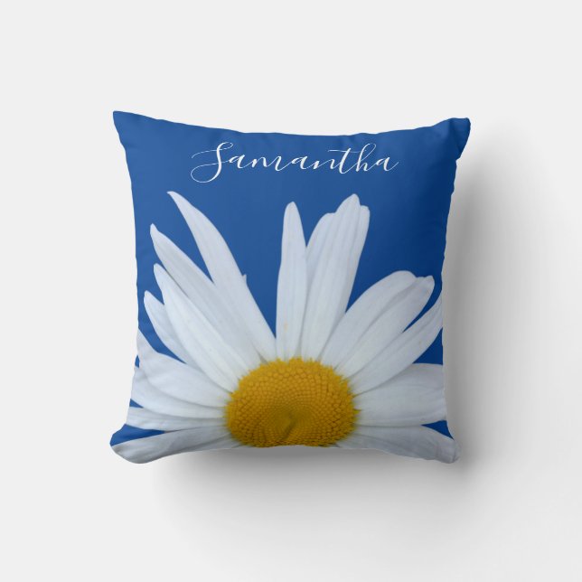 Daisy Ocean Blue White Script Throw Pillow (Front)