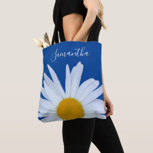 Daisy Ocean Blue White Script Tote Bag