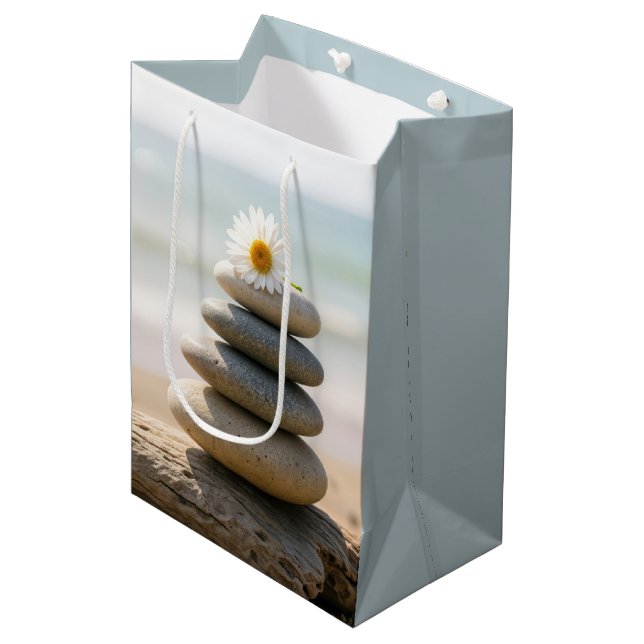 Daisy on a Stone Beach Cairn With Driftwood Medium Gift Bag (Front Angled)