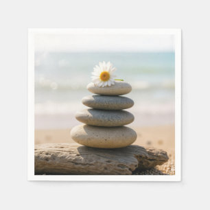 Daisy on a Stone Beach Cairn With Driftwood Napkin