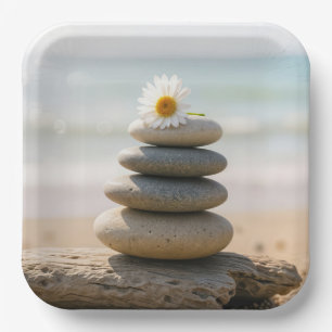 Daisy on a Stone Beach Cairn With Driftwood Paper Plate