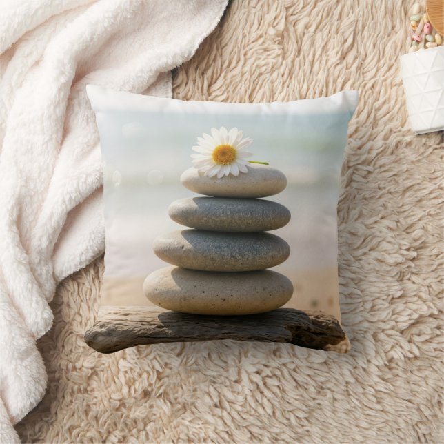 Daisy on a Stone Beach Cairn With Driftwood Throw Pillow (Blanket)