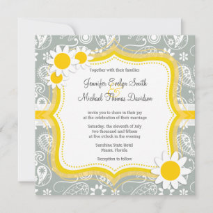 Daisy on Ash Grey; Grey Paisley Invitation