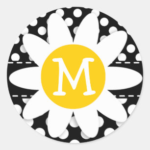 Daisy on Black and White Polka Dots Classic Round Sticker