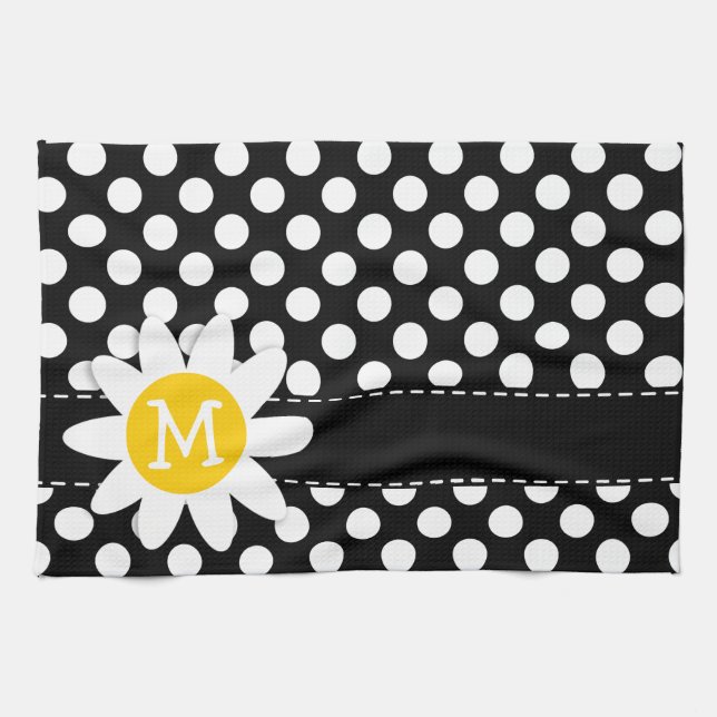 Daisy on Black and White Polka Dots Kitchen Towel (Horizontal)