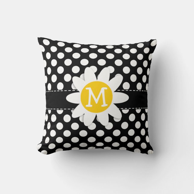 Daisy on Black and White Polka Dots Throw Pillow (Front)