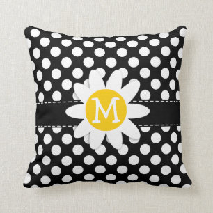 Daisy on Black and White Polka Dots Throw Pillow