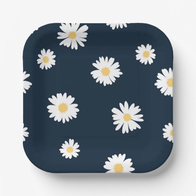 Daisy On Blue Pattern Paper Plate (Front)