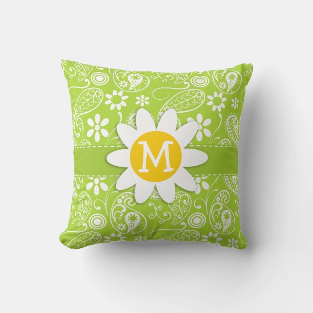 Daisy on Citron Green Paisley; Floral Throw Pillow (Front)