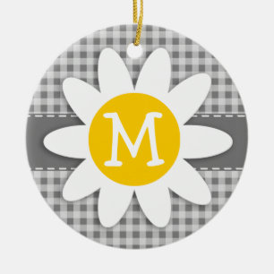 Daisy on Grey Gingham Ceramic Ornament