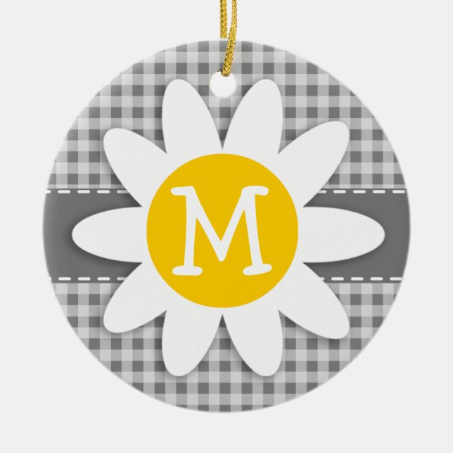 Daisy on Grey Gingham Ceramic Ornament (Front)