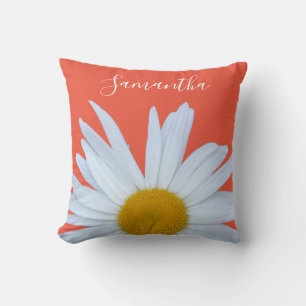 Daisy Orange White Script Throw Pillow