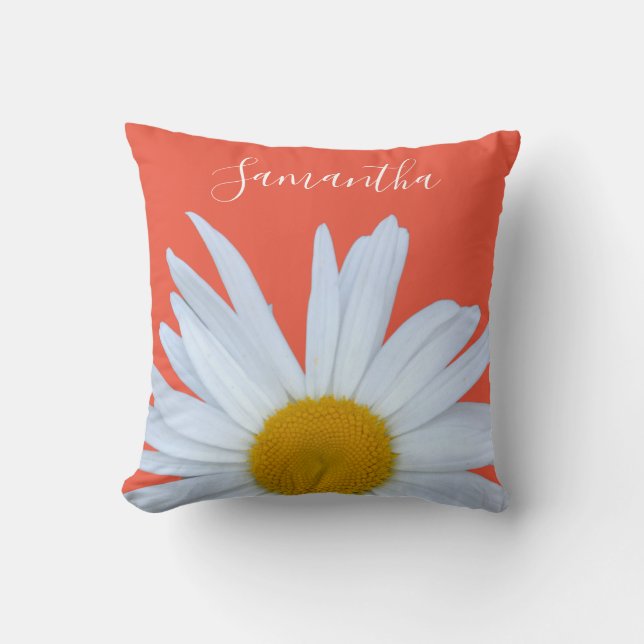 Daisy Orange White Script Throw Pillow (Front)