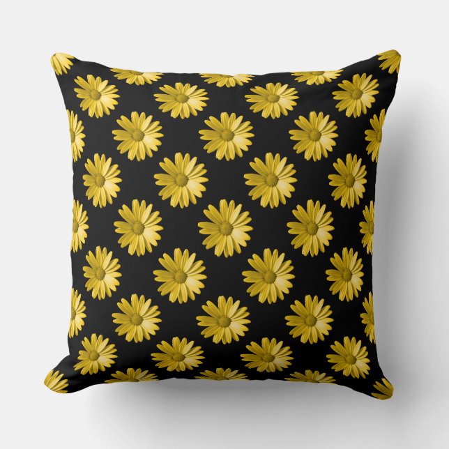 Daisy Pattern - Amber on Black Throw Pillow (Front)