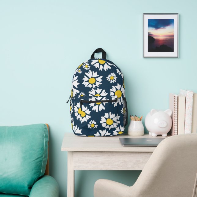 Daisy Pattern, Floral Pattern, White Daisies Printed Backpack (Insitu)