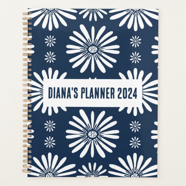 Daisy Pattern Flowers Blooms Floral Navy CUSTOM  Planner (Front)